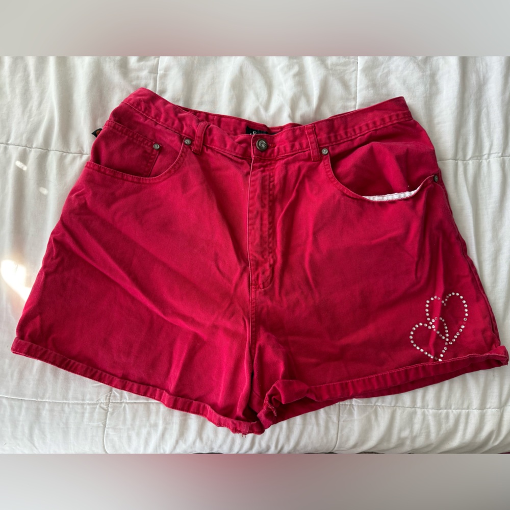 Chic Red Jean Shorts with Heart Detail